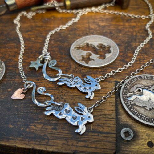 Moon rabbit necklace beautiful and delicately handcrafted from a silver coin