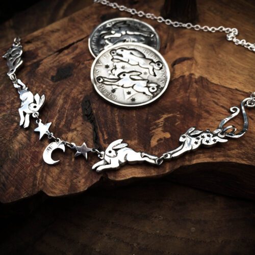 hare necklace individually handmade and recycled from an old Victorian silver coins