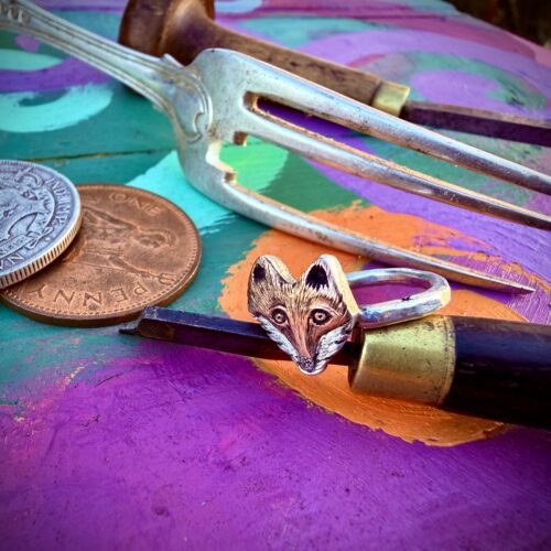 handcrafted and recycled silver copper and red gold fox ring