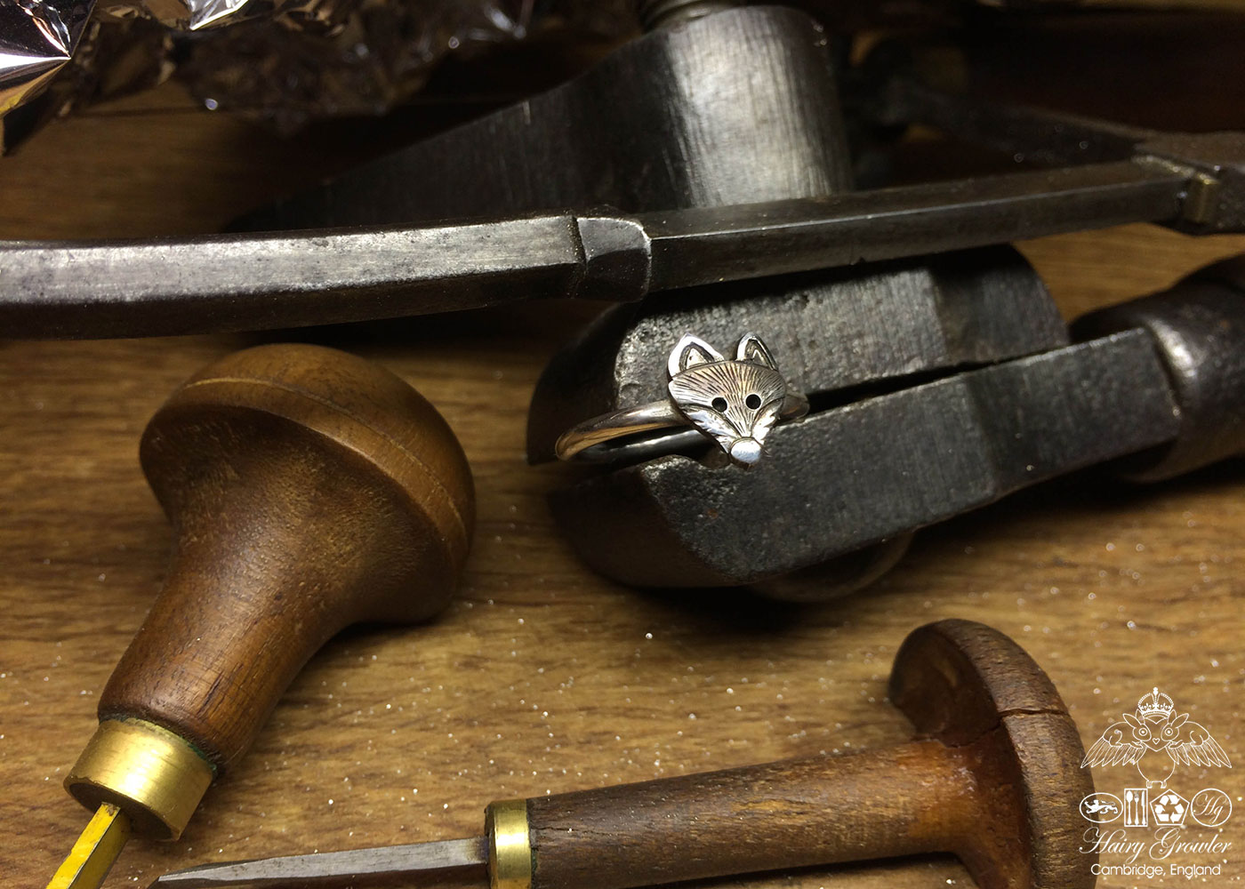 handcrafted and recycled silver fox ring