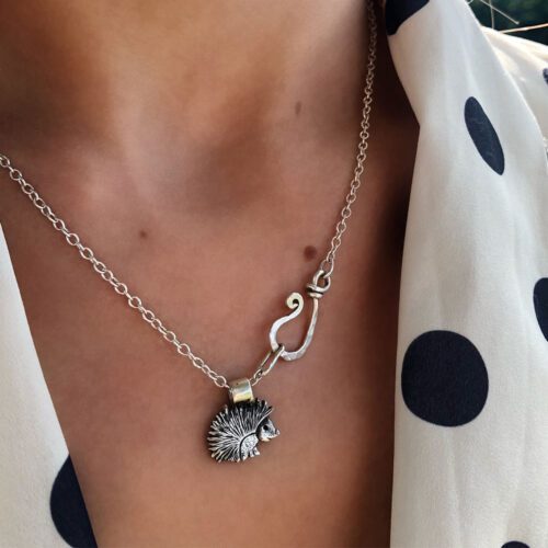 Hedgehog necklace handmade and recycled silver two shilling hedgehog necklace