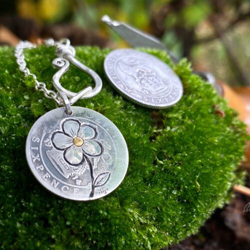 Handmade and repurposed lucky silver sixpence 'Forget me not' coin necklace pendant