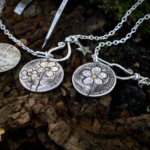 Handmade and repurposed lucky silver sixpence 'Forget me not' coin necklace pendant
