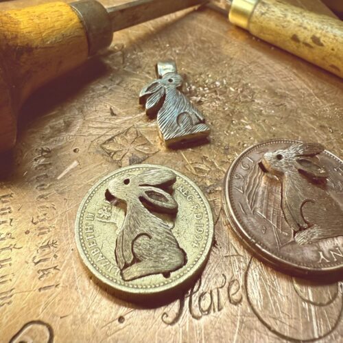 magical moon gazing hare jewellery made in Cambridge England for Glastonbury Festival and Tor using only ethical recycled raw materials such as silver coins and spoons.