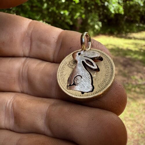 magical moon gazing hare jewellery made in Cambridge England for Glastonbury Festival and Tor using only ethical recycled raw materials such as silver coins and spoons.