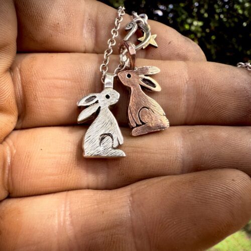 magical moon gazing hare jewellery made in Cambridge England for Glastonbury Festival and Tor using only ethical recycled raw materials such as silver coins and spoons.
