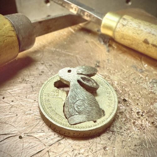 magical moon gazing hare jewellery made in Cambridge England for Glastonbury Festival and Tor using only ethical recycled raw materials such as silver coins and spoons.