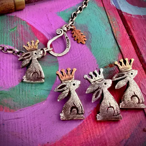 Moon gazing rabbit necklace handmade and recycled silver coins moon gazing hare charm for a tree sculpture, necklace or bracelet