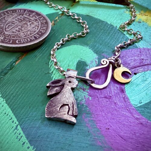 Moon gazing rabbit necklace handmade and recycled silver coins moon gazing hare charm for a tree sculpture, necklace or bracelet