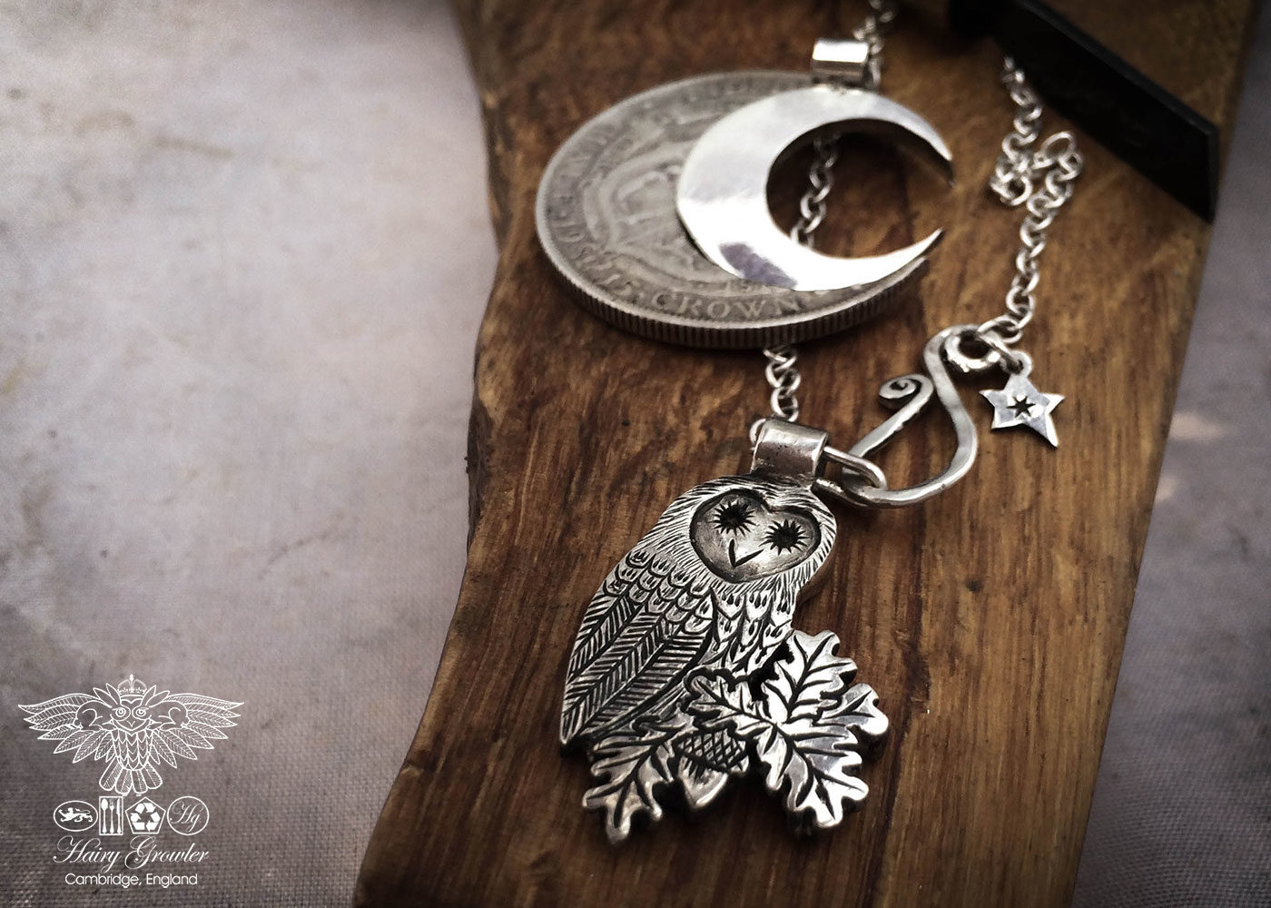 handmade and recycled silver coins wise barn owl charm for a tree sculpture or necklace