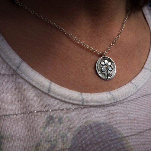 Handmade and repurposed lucky silver sixpence 'Forget me not' coin necklace pendant