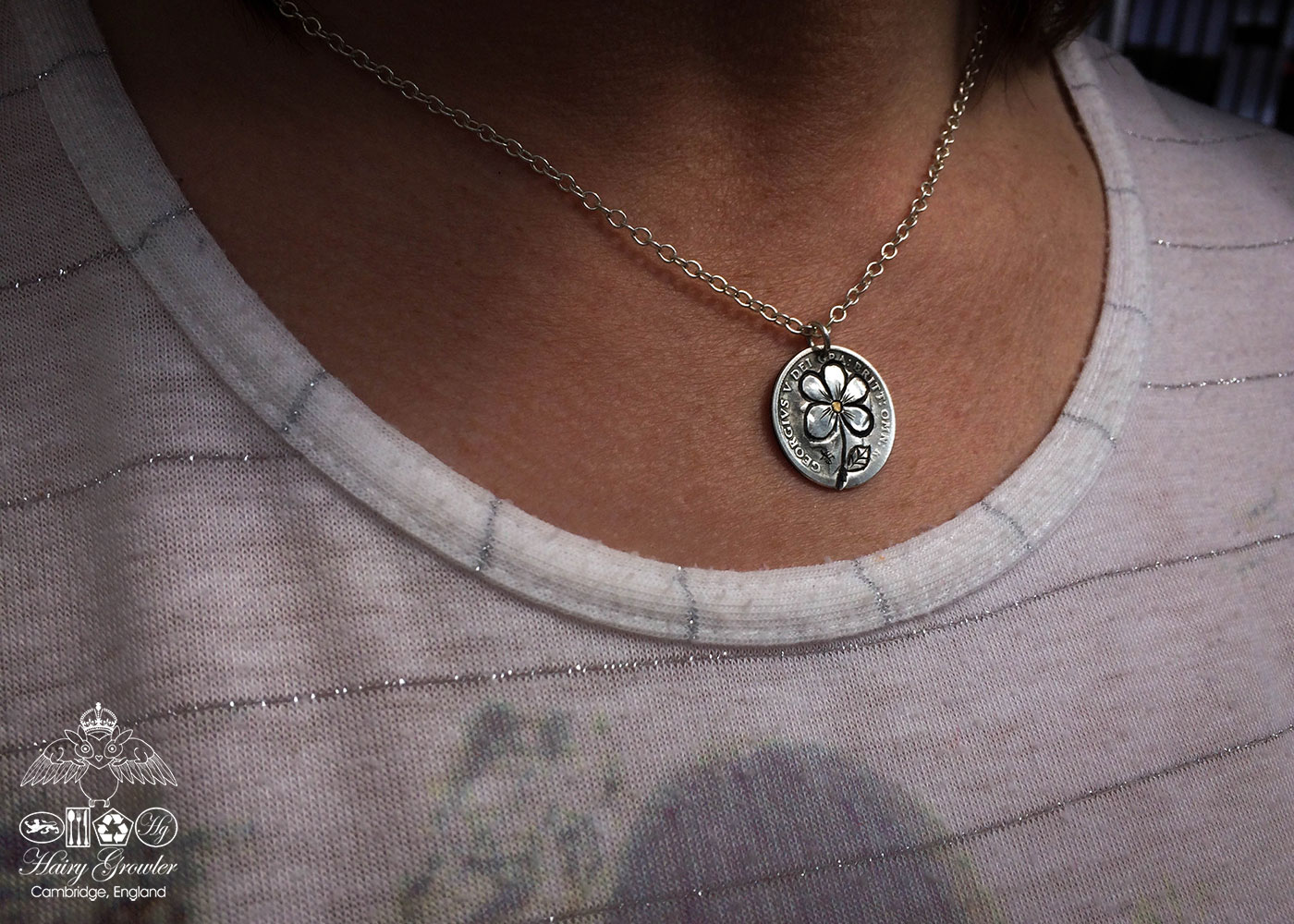 Handmade and repurposed lucky silver sixpence 'Forget me not' coin necklace pendant
