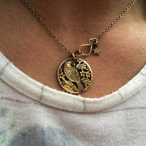 Goldfinch necklace - Handmade and completely upcycled and repurposed Goldfinch necklace totally handcrafted and recycled from old 22ct solid gold sovereign coins. Designed and created by Hairy Growler Jewellery, Cambridge, UK.