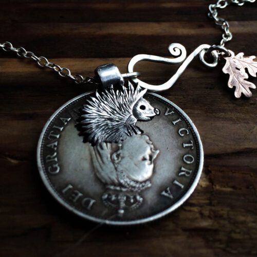 handmade and recycled silver coins hedgehog charm for a tree sculpture, necklace or bracelet