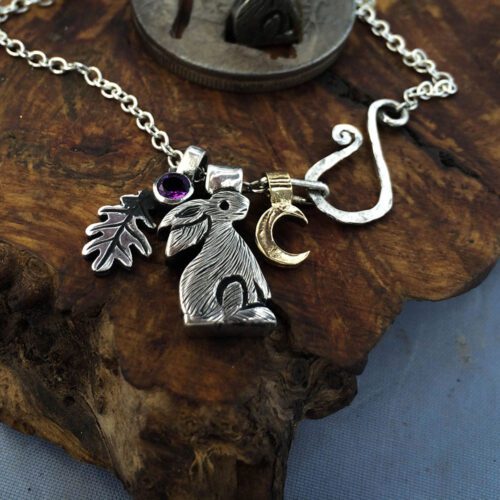 Moon gazing rabbit necklace handmade and recycled silver coins moon gazing hare charm for a tree sculpture, necklace or bracelet