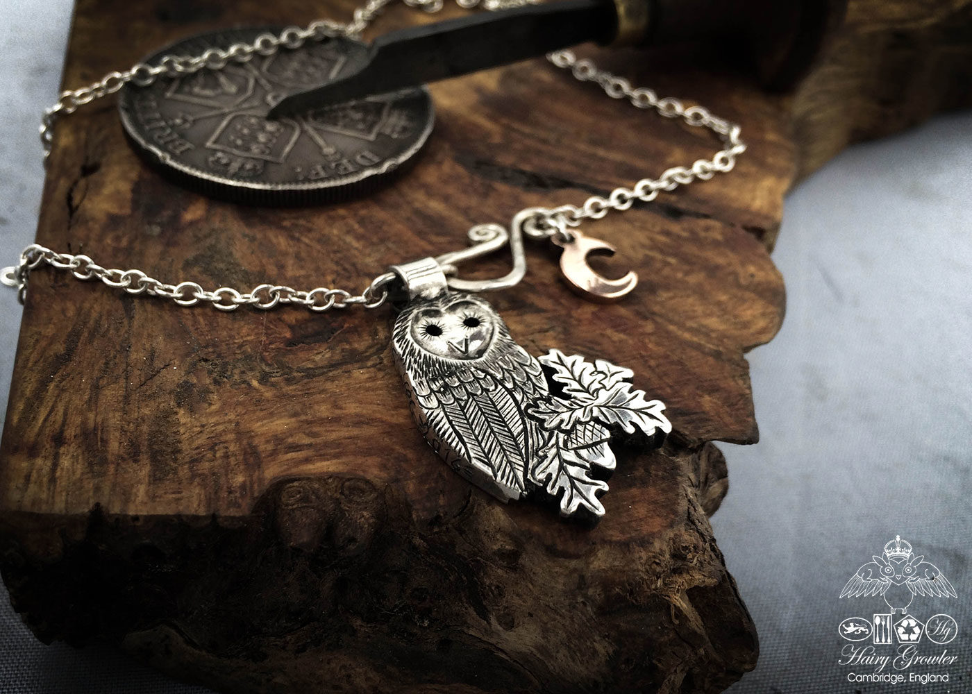 handmade and recycled silver coins wise barn owl charm for a tree sculpture or necklace
