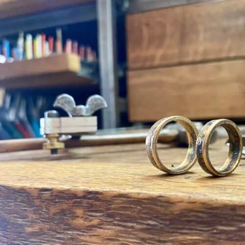handcrafted by local artisan jeweller ethical green eco-conscious recycled gold wedding rings made from gold coins