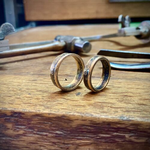 upcycled ethical green eco-conscious recycled gold wedding rings made from gold coins