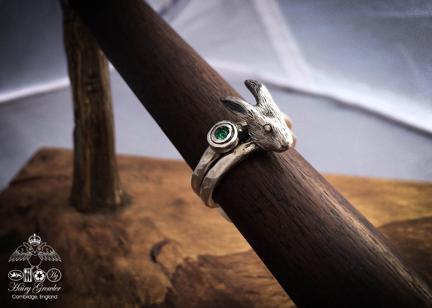 handcrafted and recycled silver hare-y-gr-owl-er hare ring