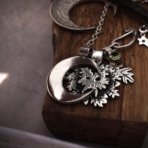 Handcrafted and recycled silver coin greenman pendant necklace