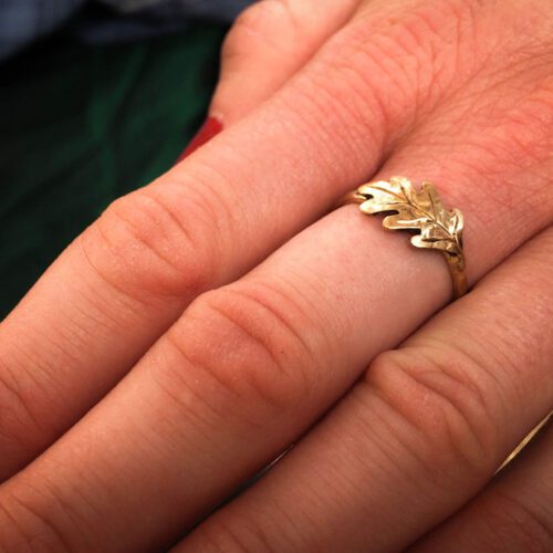 handcrafted and recycled 22ct gold sovereign oak leaf ring. Totally handcrafted and recycled. Unusual and interesting.