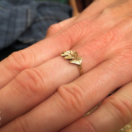 handcrafted and recycled 22ct gold sovereign oak leaf ring. Totally handcrafted and recycled. Unusual and interesting.