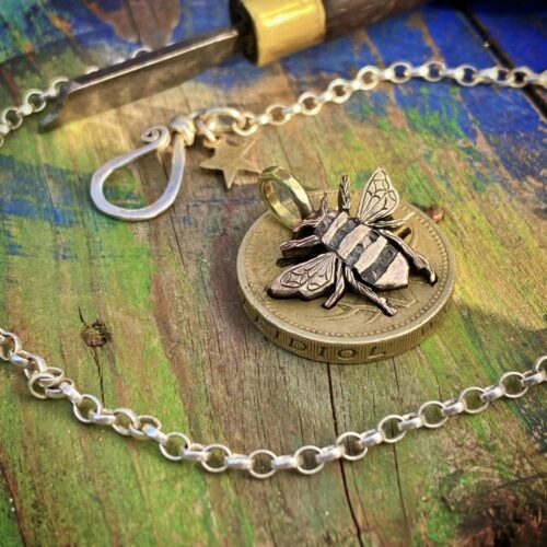 Bee jewellery handmade, handcrafted and completely recycled from old out of circulation coins. Each piece is ethically made in Cambridge England