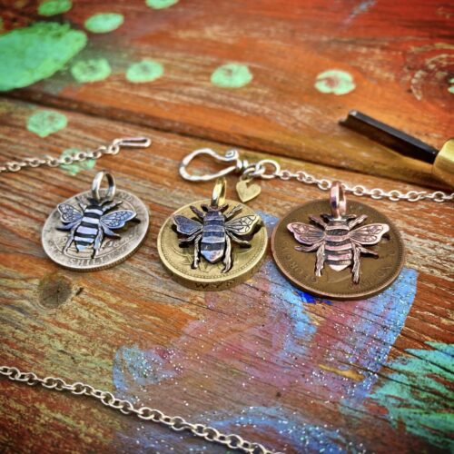 Bee jewellery handmade, handcrafted and completely recycled from old out of circulation coins. Each piece is ethically made in Cambridge England