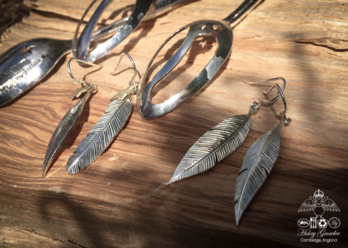 recycled vintage spoon feather earrings. Handcrafted in Cambridge