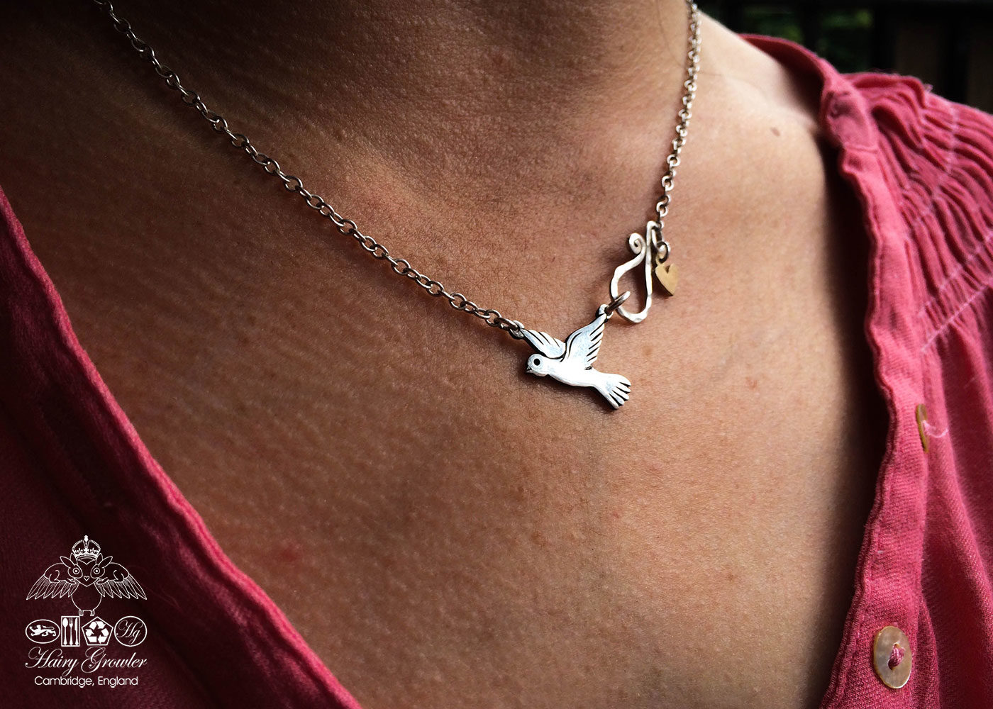 handmade and recycled silver coin love, peace and outerness dove necklace