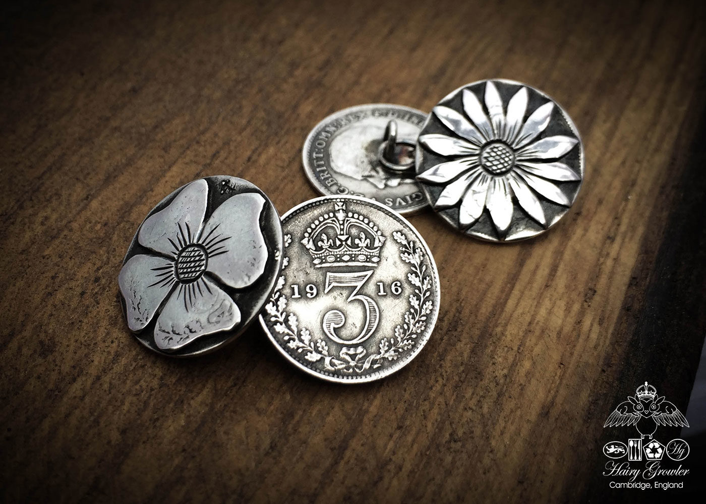 Handmade and repurposed lucky threepence coin flower cufflinks