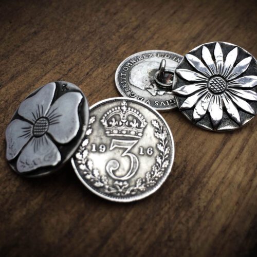 Handcrafted and recycled lucky threepence coin flower cufflinks