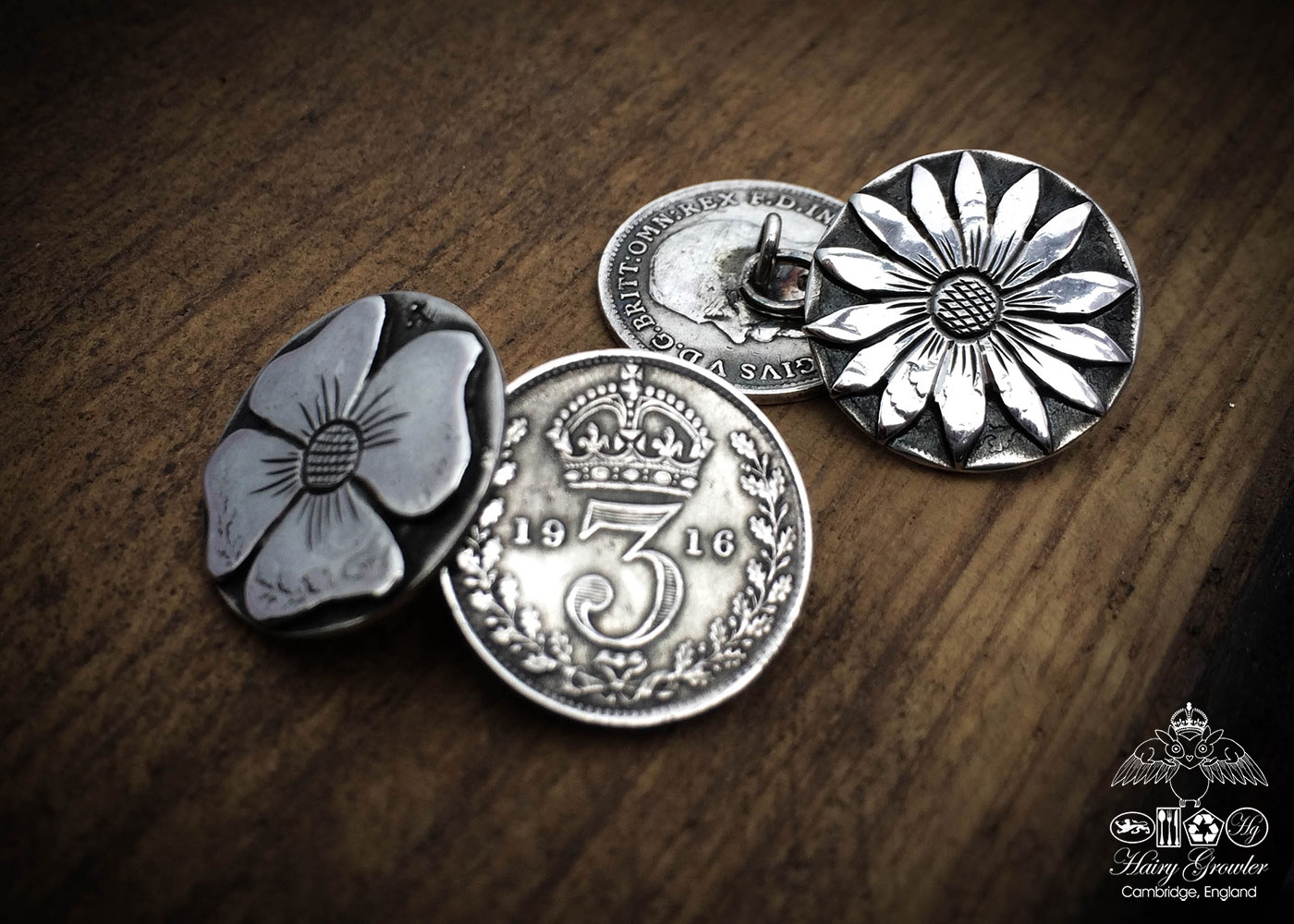 Handcrafted and recycled lucky threepence coin flower cufflinks
