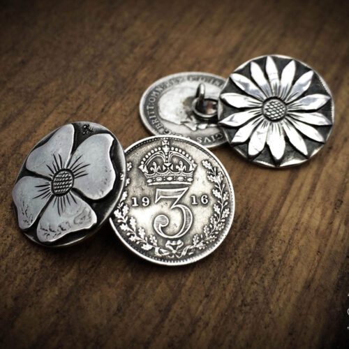 Handmade and repurposed lucky threepence coin flower cufflinks