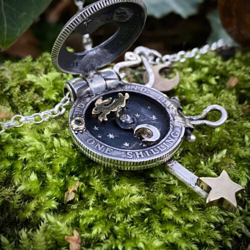 moonlight-leaping hare necklace handcrafted and recycled from three silver shilling coins all over 100 years old