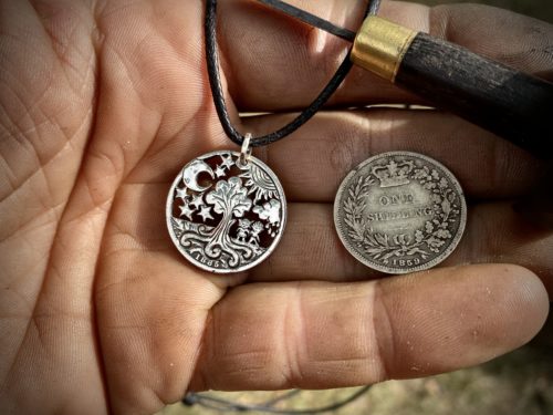 Handcrafted and recycled Geocentric flat earth earth view silver shilling coin pendant necklace