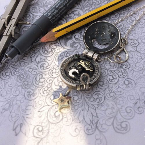 moonlight-leaping hare necklace handcrafted and recycled from three silver shilling coins all over 100 years old