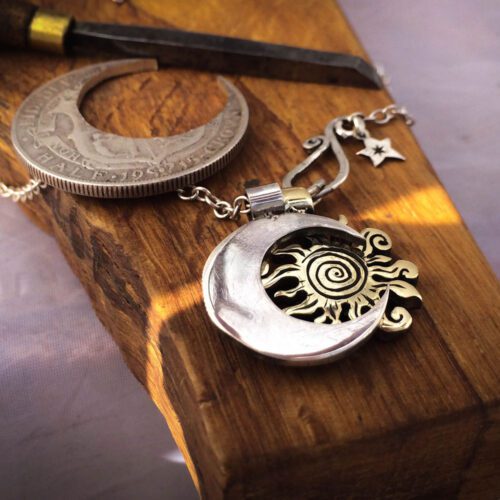 handmade and recycled sterling silver moon charm for a tree sculpture, necklace or bracelet