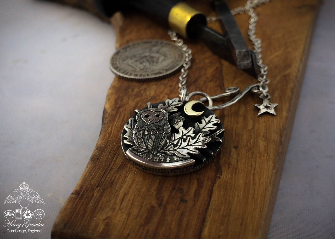 sitting in the moonlight owl necklace handcrafted and recycled from three silver shilling coins all over 100 years old