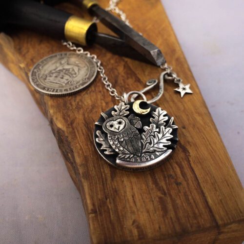 sitting in the moonlight owl necklace handcrafted and recycled from three silver shilling coins all over 100 years old