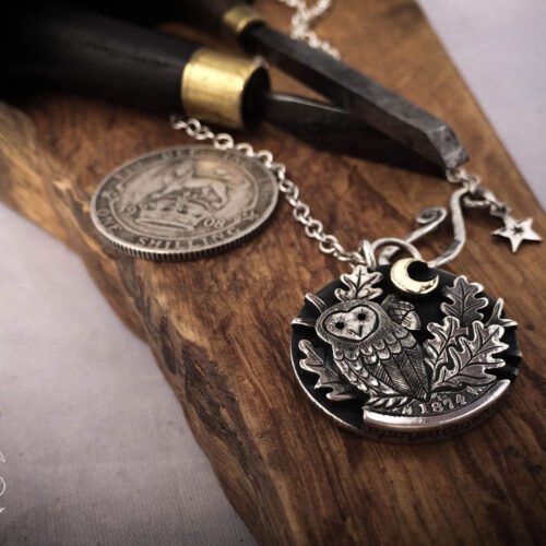 sitting in the moonlight owl necklace handcrafted and recycled from three silver shilling coins all over 100 years old