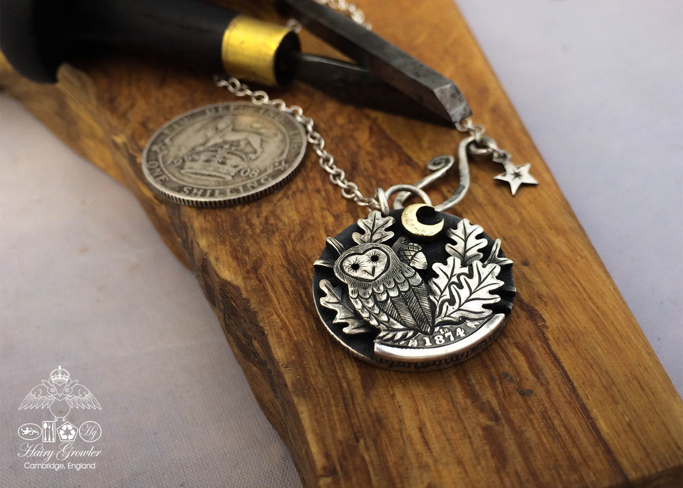 sitting in the moonlight owl necklace handcrafted and recycled from three silver shilling coins all over 100 years old