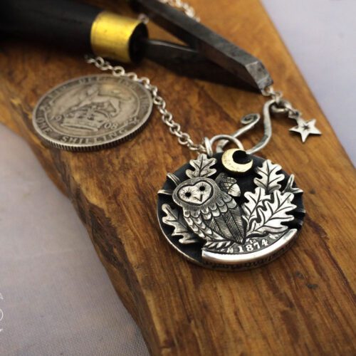 sitting in the moonlight owl necklace handcrafted and recycled from three silver shilling coins all over 100 years old