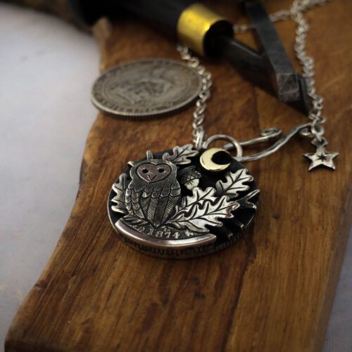 sitting in the moonlight owl necklace handcrafted and recycled from three silver shilling coins all over 100 years old