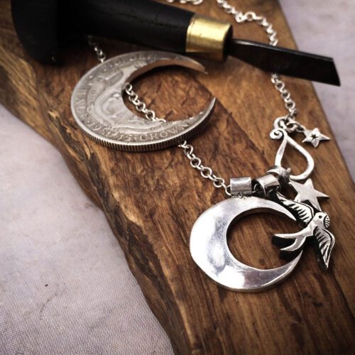 handcrafted and recycled sterling silver moon charm for a tree sculpture, necklace or bracelet