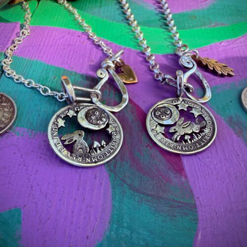 Moon gazing hare coin jewellery handmade, handcrafted using