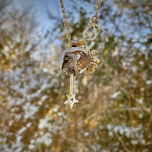 Moon hare jewellery handmade and recycled silver coin necklace made in an independent artisan workshop studio