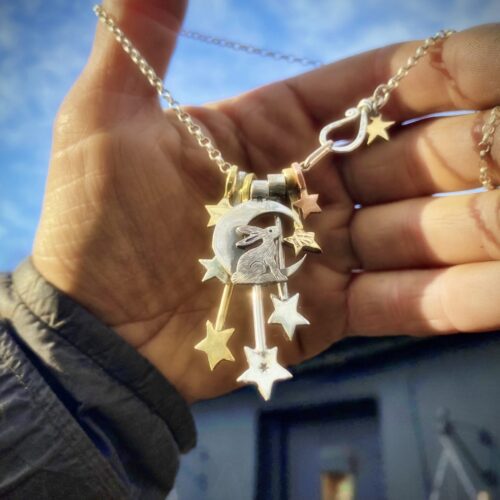 Moon hare jewellery handmade and recycled silver coin necklace made in an independent artisan workshop studio
