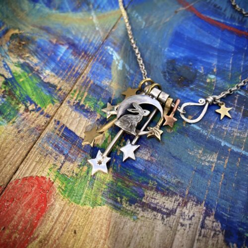 Moon hare jewellery handmade and recycled silver coin necklace made in an independent artisan workshop studio
