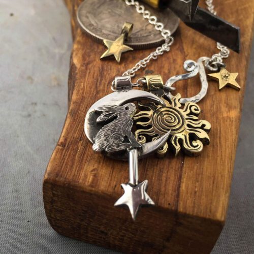 handcrafted and recycled sterling silver moon, star and hare charm for a tree sculpture, necklace or bracelet